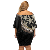 Beige Polynesian Starfish Unique Pattern Off Shoulder Short Dress