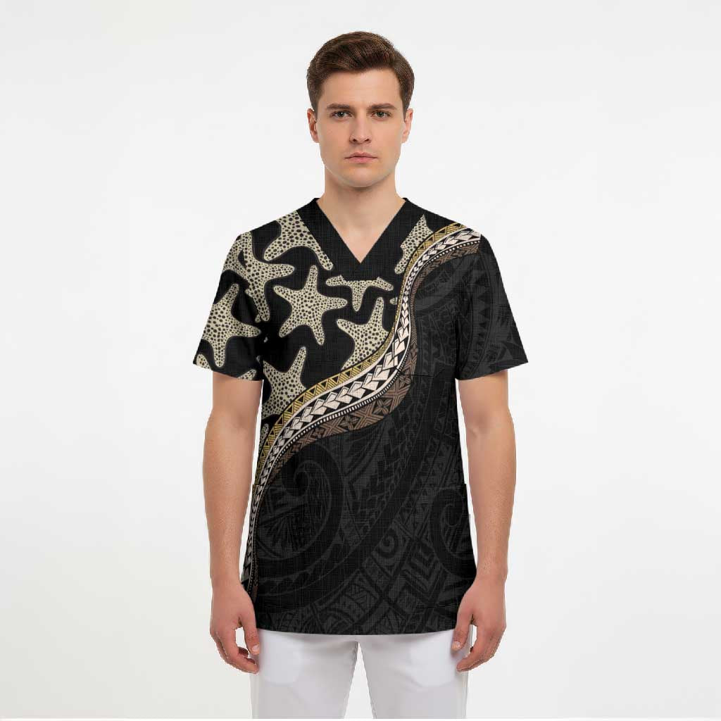 Beige Polynesian Starfish Unique Pattern Scrub Top