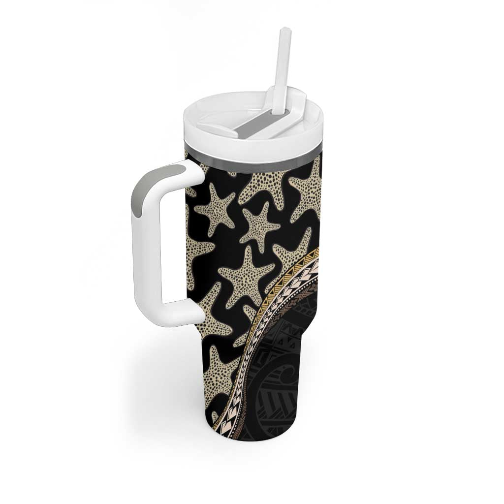 Beige Polynesian Starfish Unique Pattern Tumbler With Handle