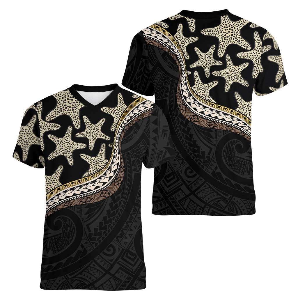 Beige Polynesian Starfish Unique Pattern Women V-Neck T-Shirt