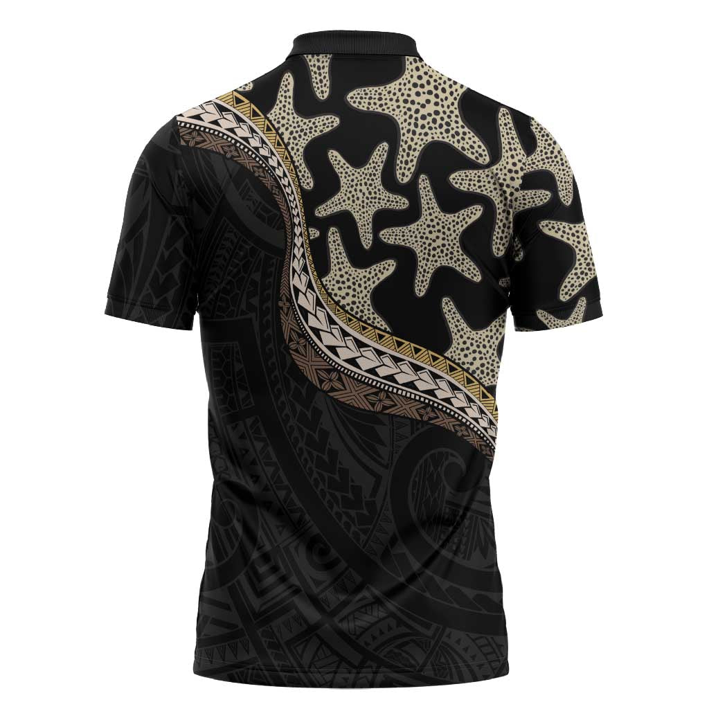 Beige Polynesian Starfish Unique Pattern Zipper Polo Shirt