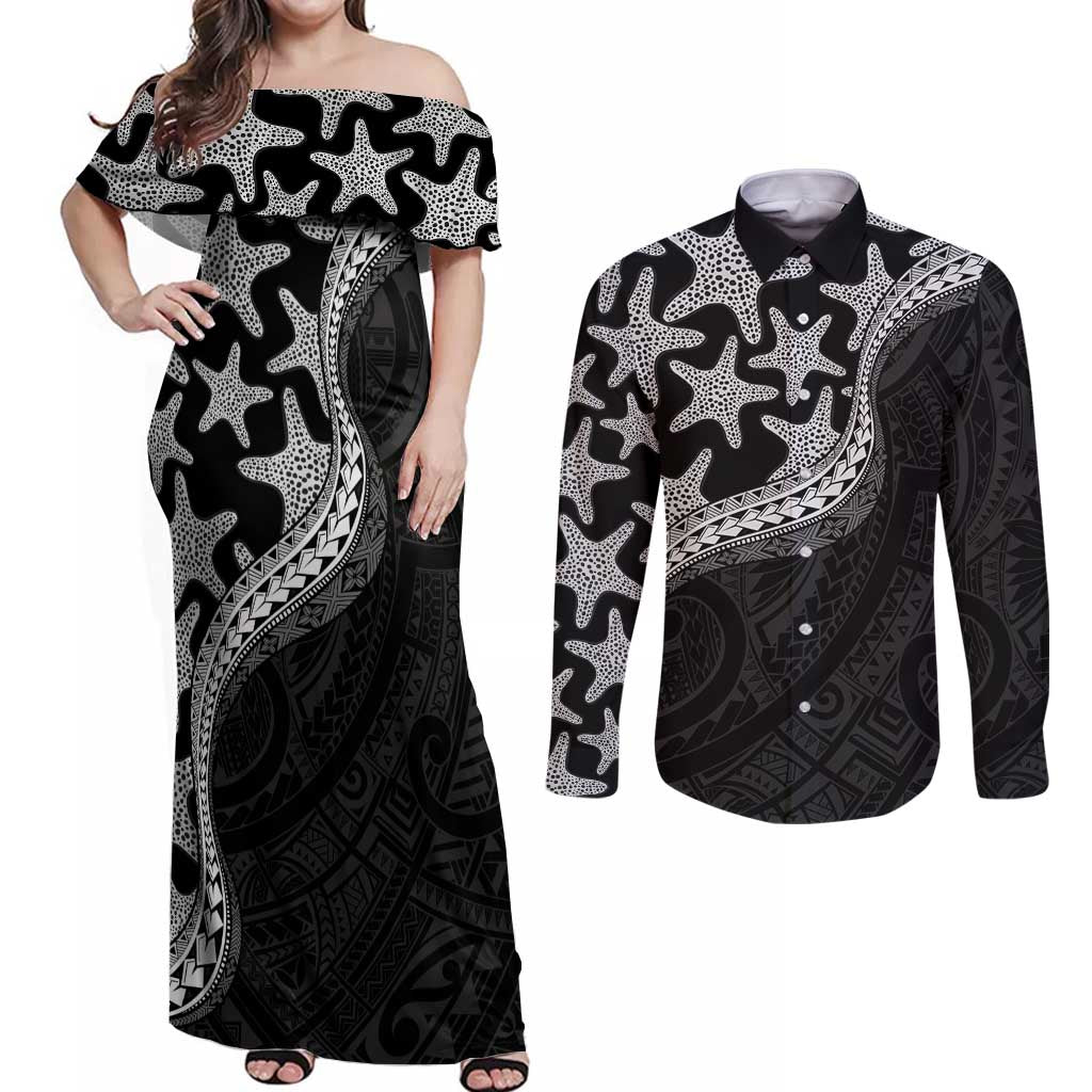 Monotone Polynesian Starfish Unique Pattern Couples Matching Off Shoulder Maxi Dress and Long Sleeve Button Shirt LT01 Black - Polynesian Pride
