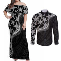 Monotone Polynesian Starfish Unique Pattern Couples Matching Off Shoulder Maxi Dress and Long Sleeve Button Shirt LT01 Black - Polynesian Pride
