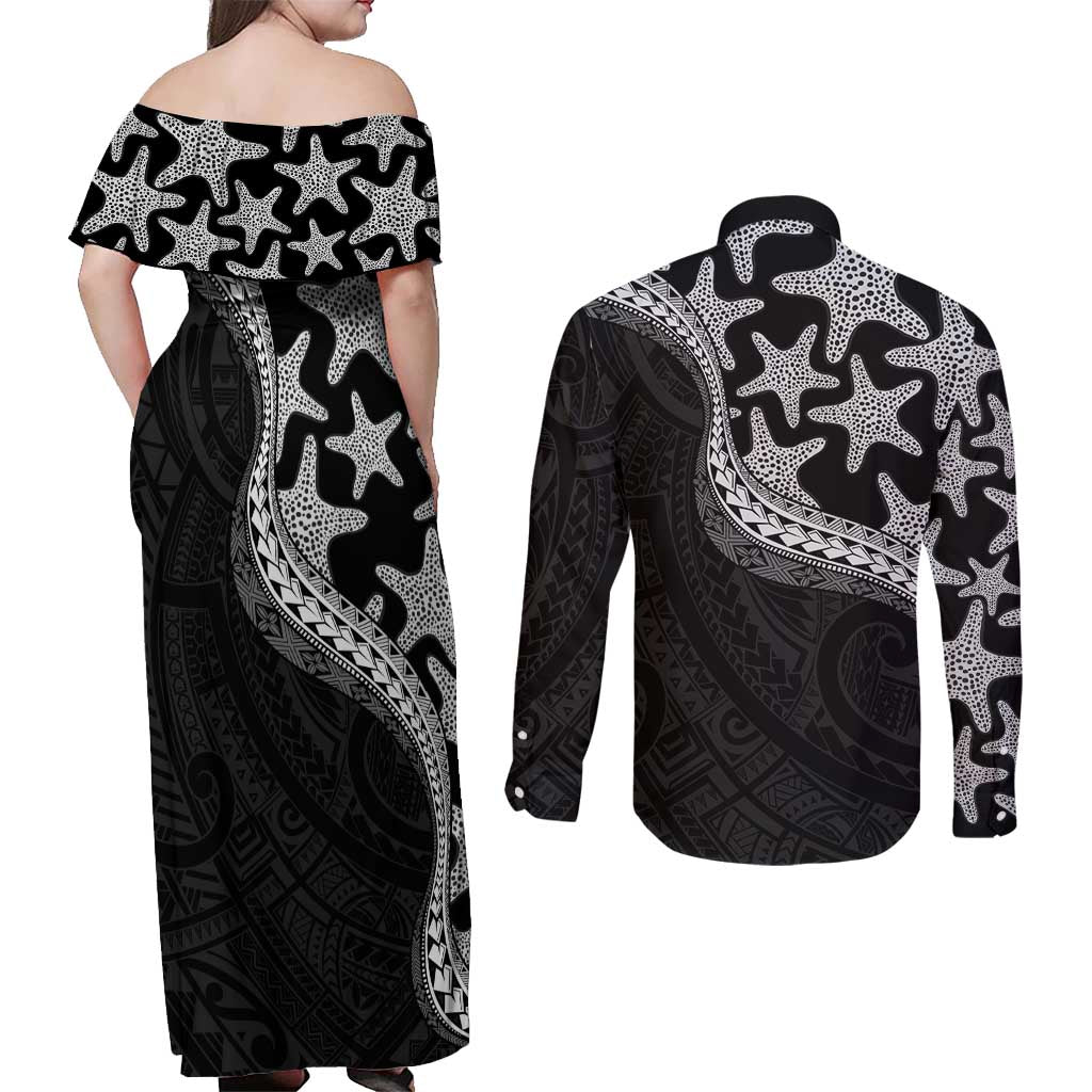 Monotone Polynesian Starfish Unique Pattern Couples Matching Off Shoulder Maxi Dress and Long Sleeve Button Shirt LT01 - Polynesian Pride