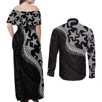 Monotone Polynesian Starfish Unique Pattern Couples Matching Off Shoulder Maxi Dress and Long Sleeve Button Shirt LT01 - Polynesian Pride