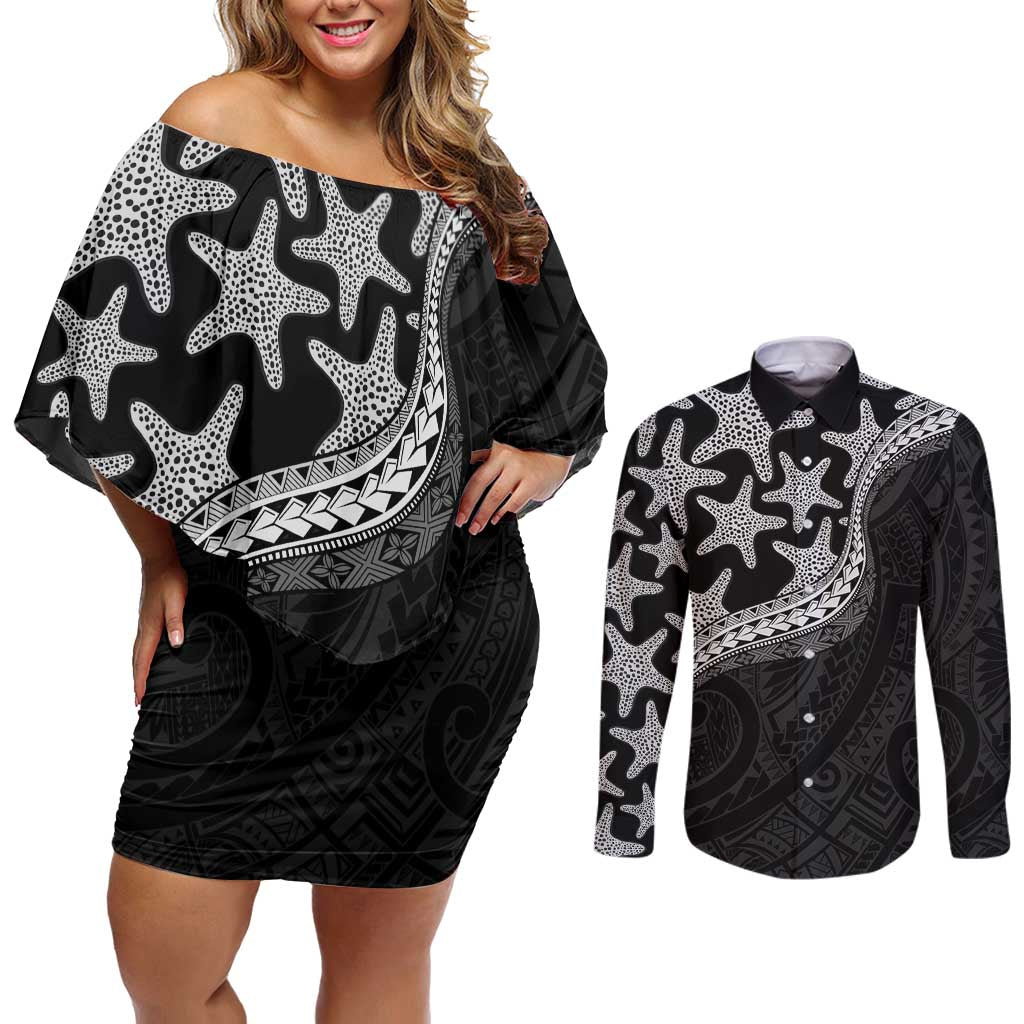 Monotone Polynesian Starfish Unique Pattern Couples Matching Off Shoulder Short Dress and Long Sleeve Button Shirt LT01 Black - Polynesian Pride