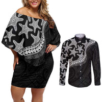 Monotone Polynesian Starfish Unique Pattern Couples Matching Off Shoulder Short Dress and Long Sleeve Button Shirt LT01 Black - Polynesian Pride