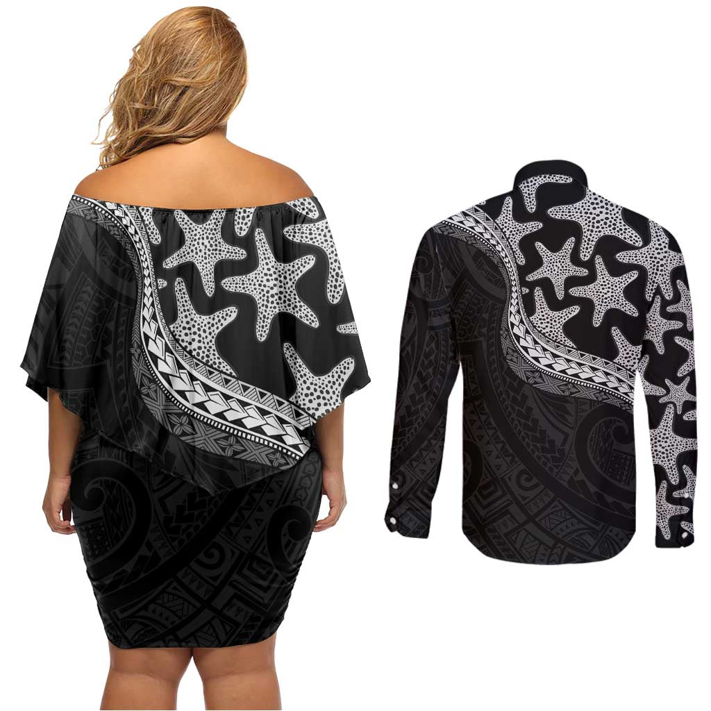Monotone Polynesian Starfish Unique Pattern Couples Matching Off Shoulder Short Dress and Long Sleeve Button Shirt LT01 - Polynesian Pride