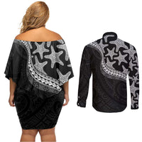 Monotone Polynesian Starfish Unique Pattern Couples Matching Off Shoulder Short Dress and Long Sleeve Button Shirt LT01 - Polynesian Pride