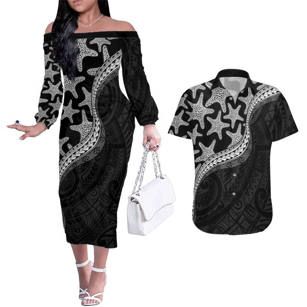 Monotone Polynesian Starfish Unique Pattern Couples Matching Off The Shoulder Long Sleeve Dress and Hawaiian Shirt