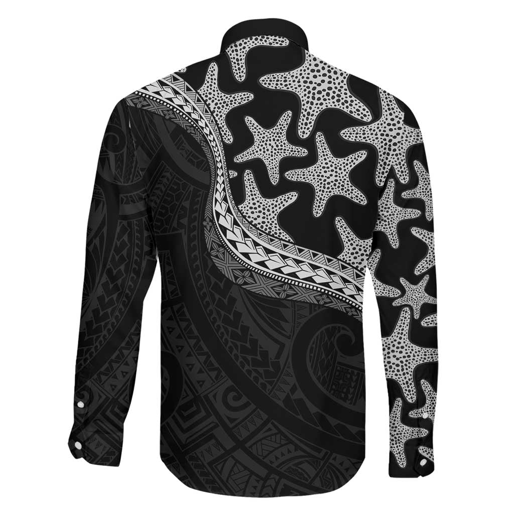 Monotone Polynesian Starfish Unique Pattern Family Matching Long Sleeve Bodycon Dress and Hawaiian Shirt