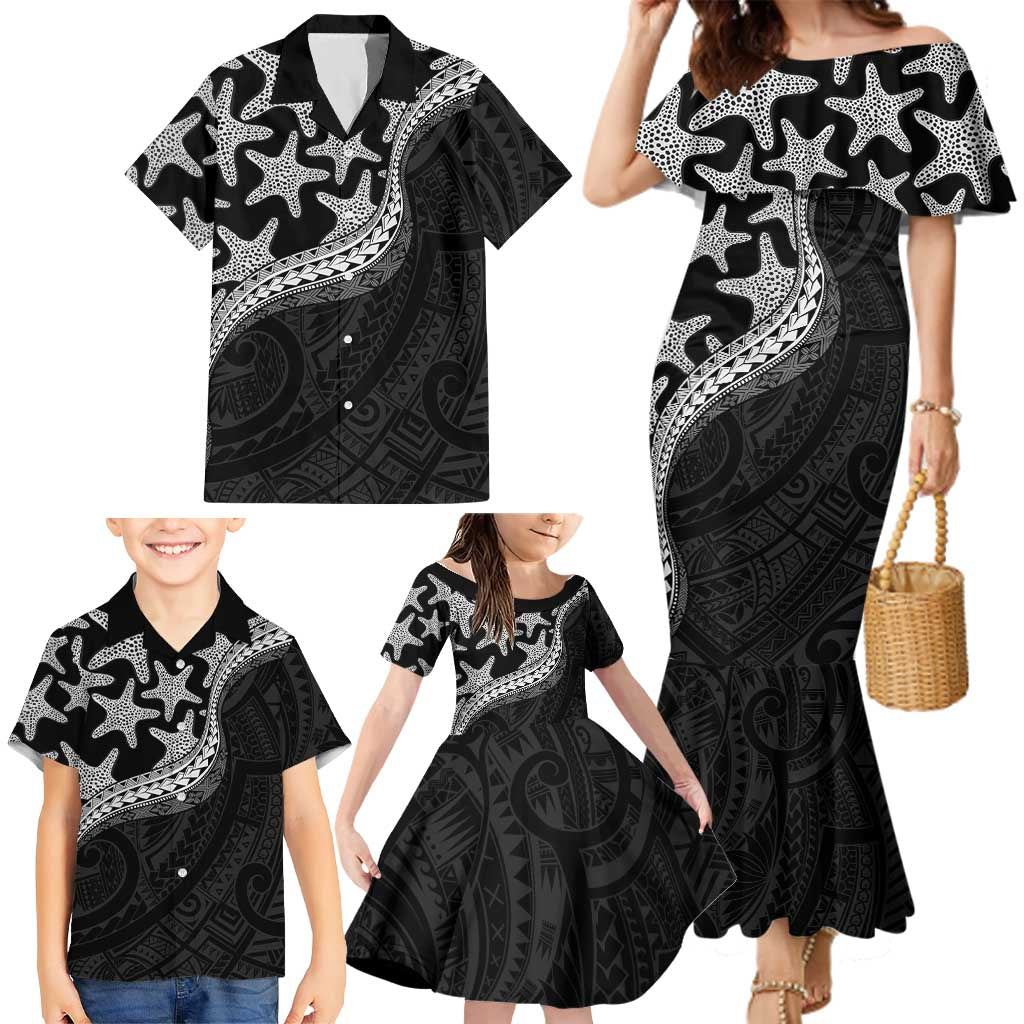 Monotone Polynesian Starfish Unique Pattern Family Matching Mermaid Dress and Hawaiian Shirt