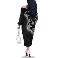 Monotone Polynesian Starfish Unique Pattern Family Matching Off The Shoulder Long Sleeve Dress and Hawaiian Shirt LT01 - Polynesian Pride