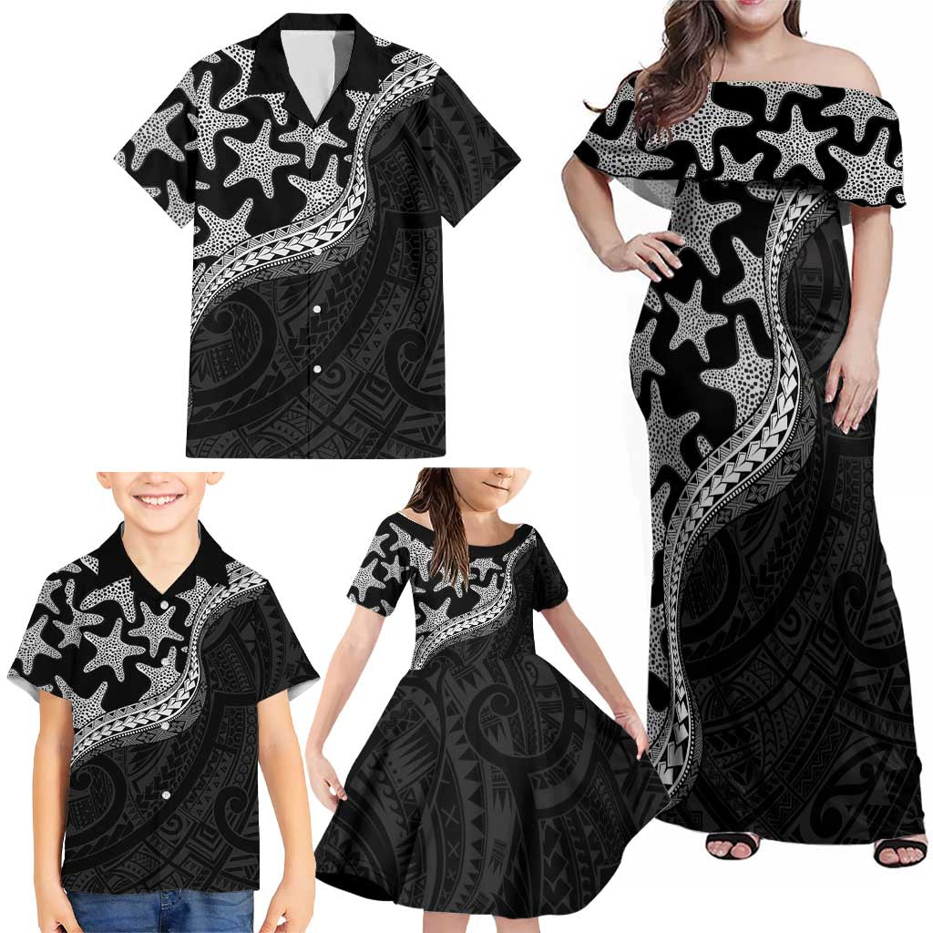 Monotone Polynesian Starfish Unique Pattern Family Matching Off Shoulder Maxi Dress and Hawaiian Shirt