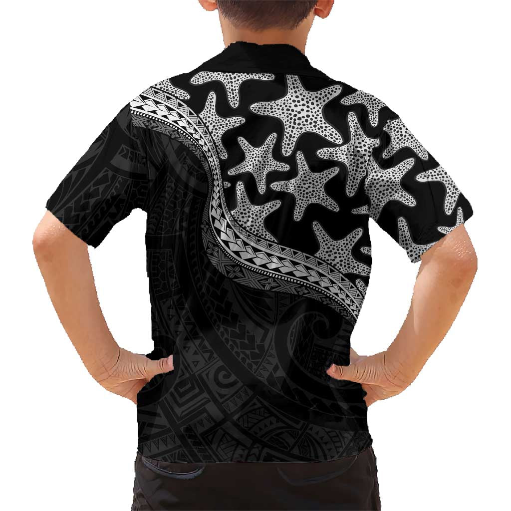 Monotone Polynesian Starfish Unique Pattern Family Matching Off Shoulder Short Dress and Hawaiian Shirt