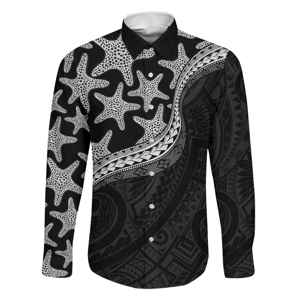 Monotone Polynesian Starfish Unique Pattern Family Matching Off Shoulder Short Dress and Hawaiian Shirt