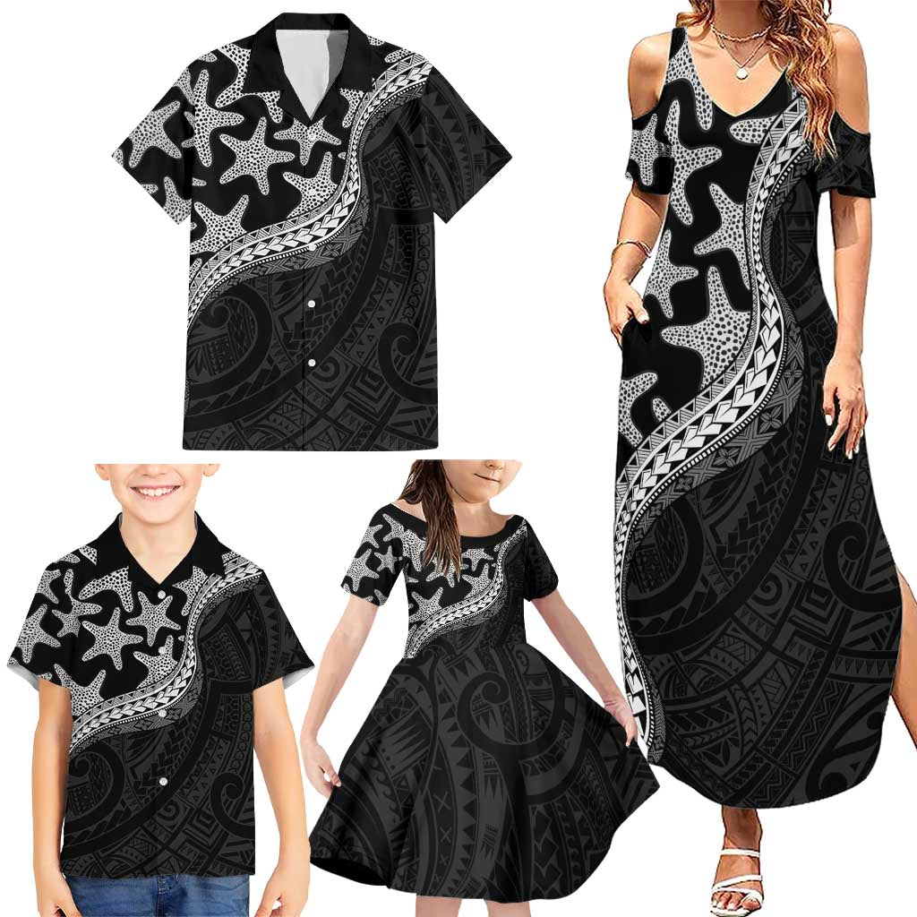Monotone Polynesian Starfish Unique Pattern Family Matching Summer Maxi Dress and Hawaiian Shirt