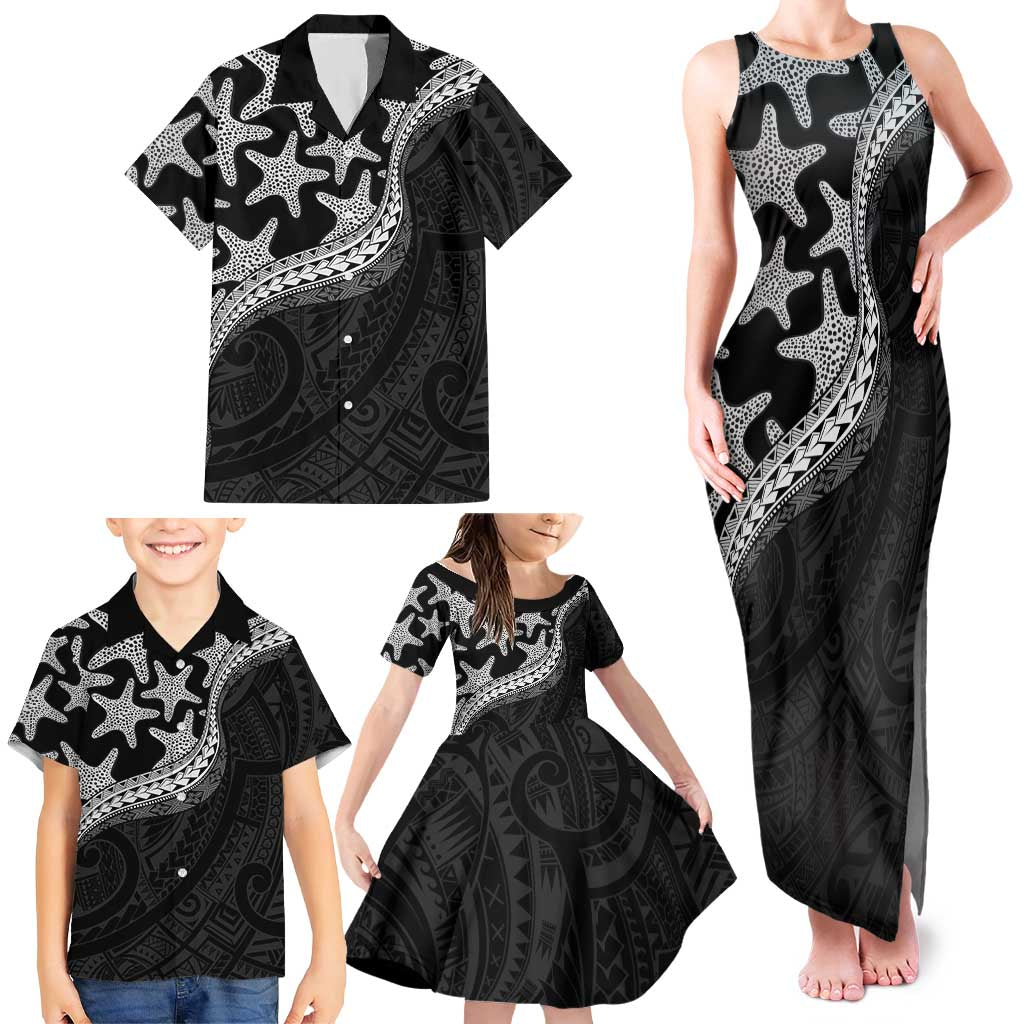 Monotone Polynesian Starfish Unique Pattern Family Matching Tank Maxi Dress and Hawaiian Shirt