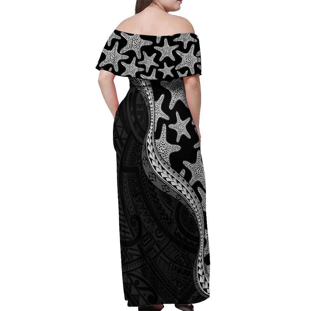 Monotone Polynesian Starfish Unique Pattern Off Shoulder Maxi Dress