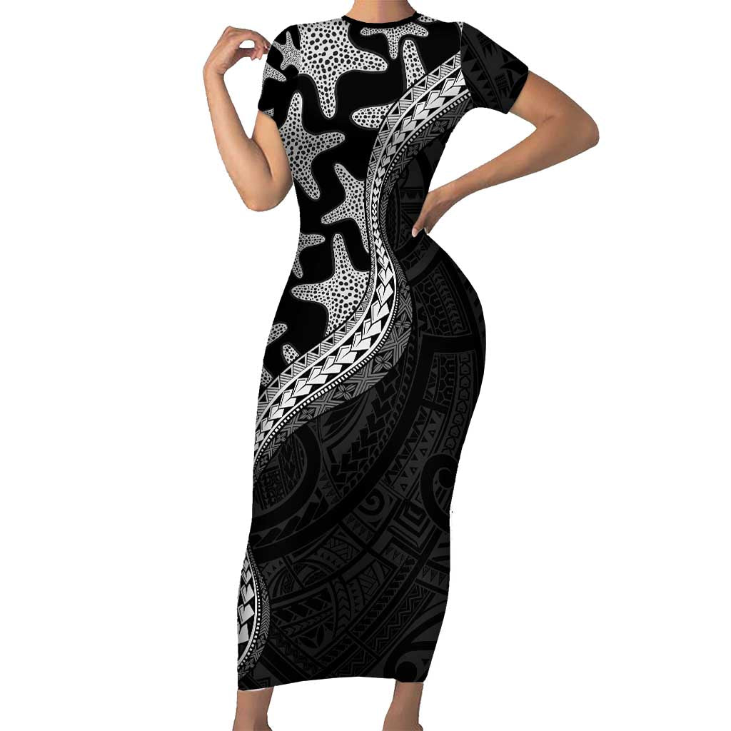 Monotone Polynesian Starfish Unique Pattern Short Sleeve Bodycon Dress LT01 Long Dress Black - Polynesian Pride
