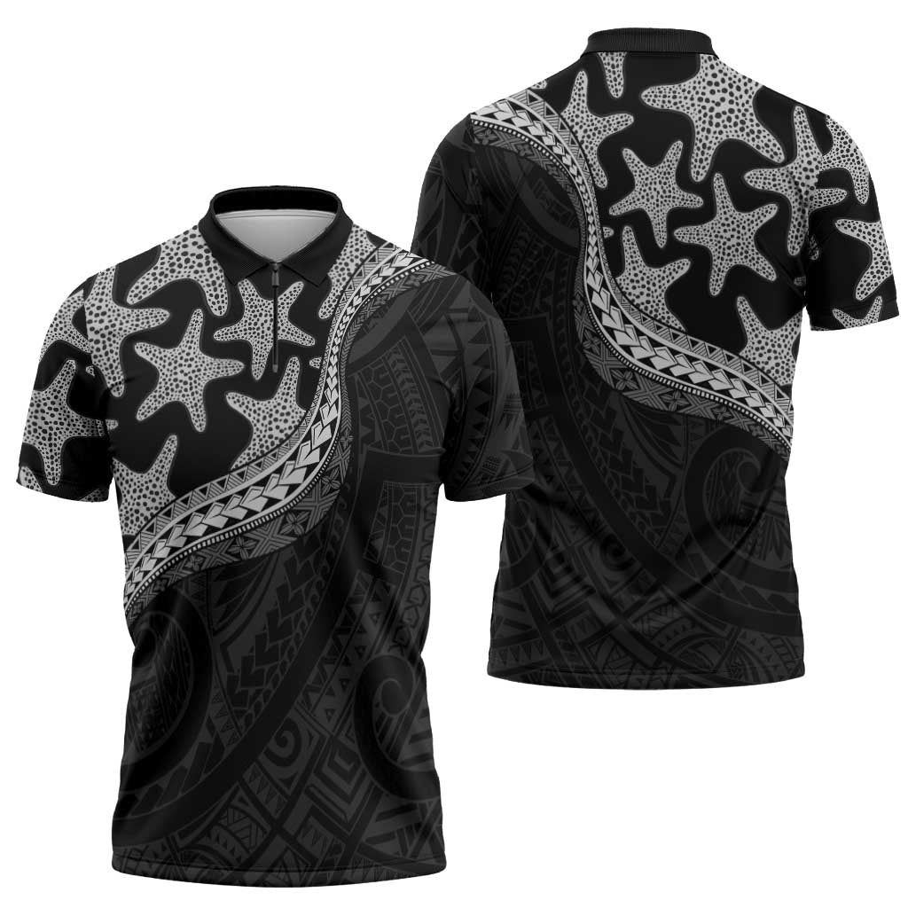 Monotone Polynesian Starfish Unique Pattern Zipper Polo Shirt