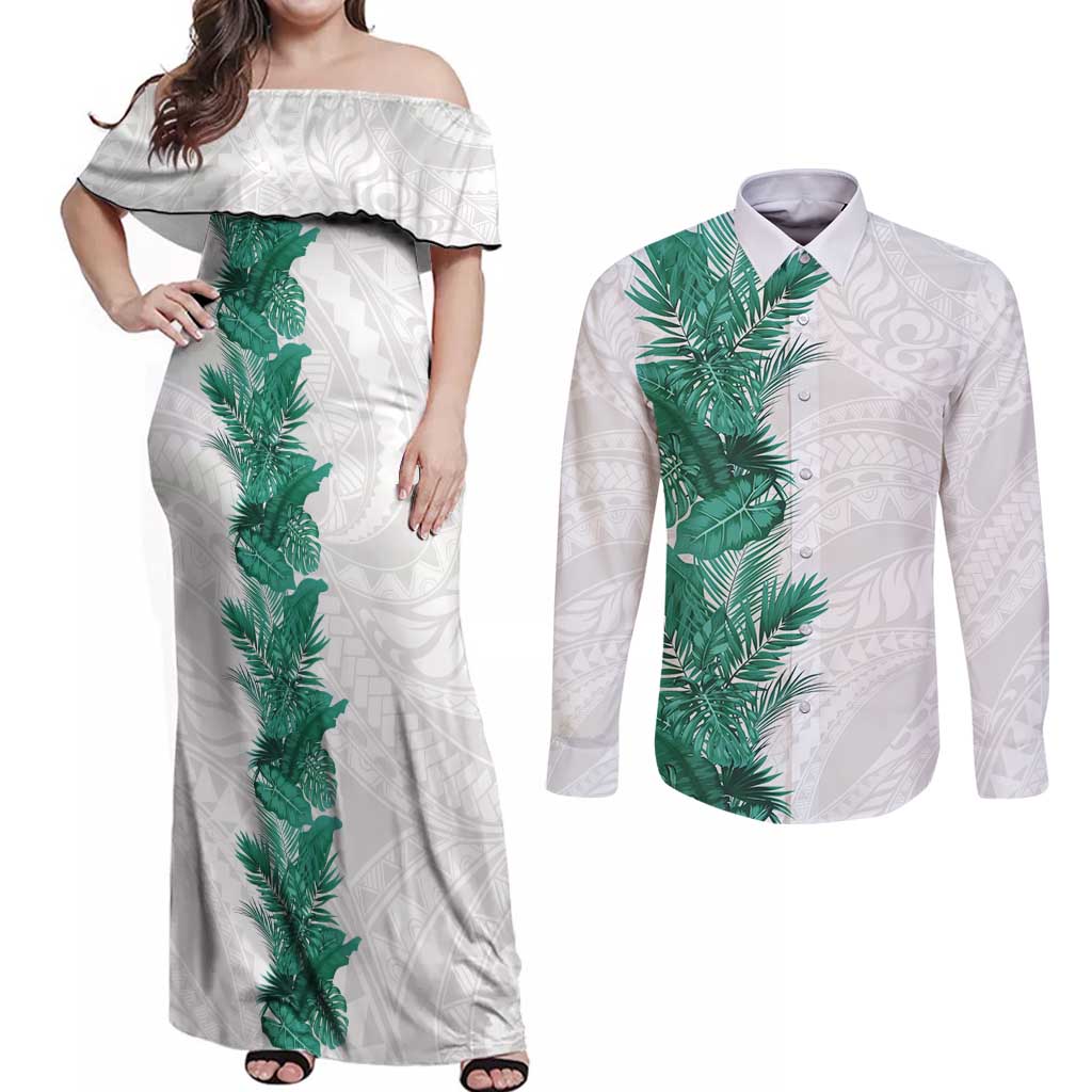 Hawaii Tropical Leaves Couples Matching Off Shoulder Maxi Dress and Long Sleeve Button Shirt Polynesian Pattern