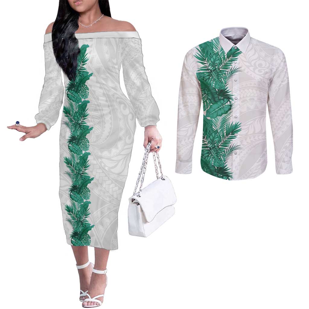 Hawaii Tropical Leaves Couples Matching Off The Shoulder Long Sleeve Dress and Long Sleeve Button Shirt Polynesian Pattern