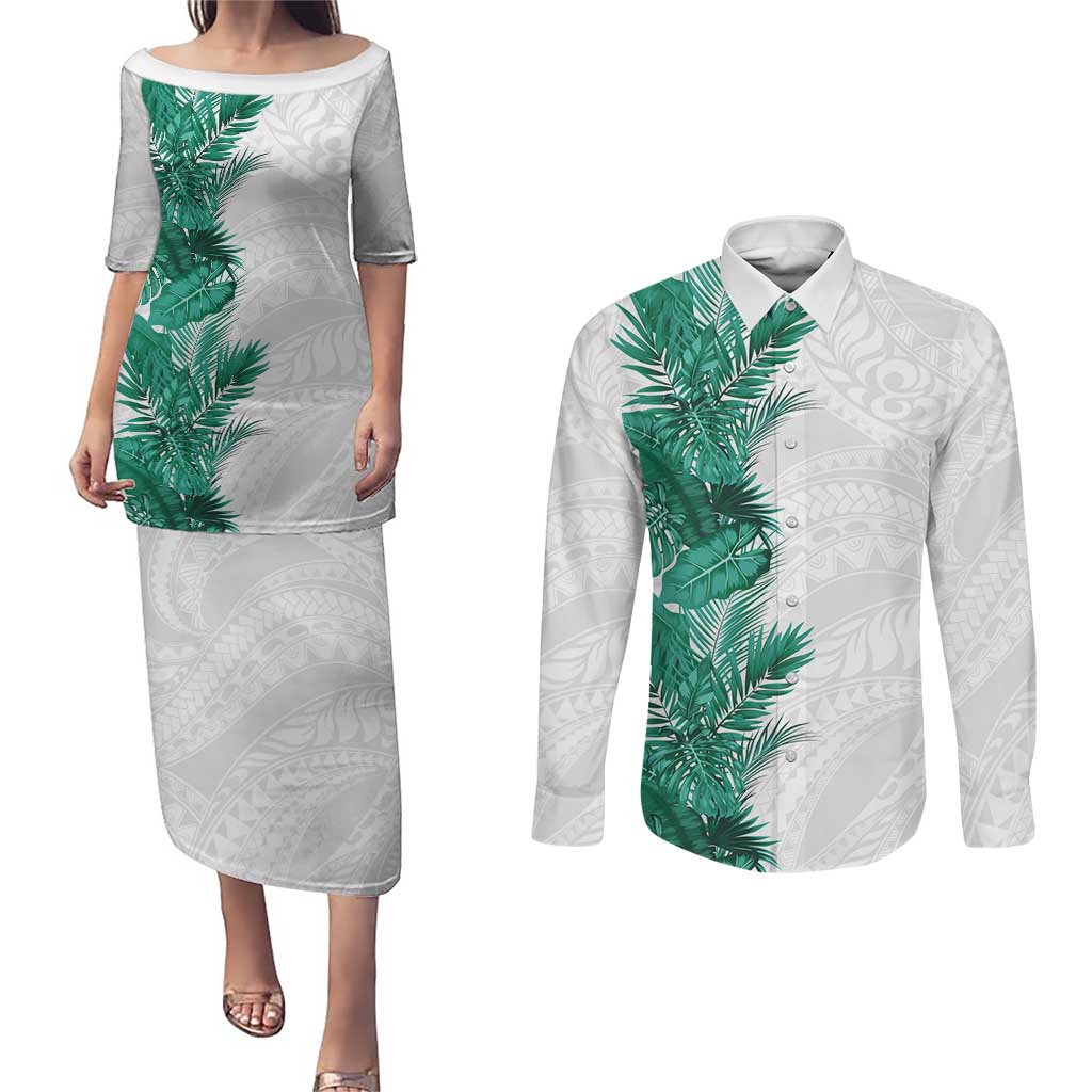 Hawaii Tropical Leaves Couples Matching Puletasi and Long Sleeve Button Shirt Polynesian Pattern