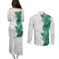 Hawaii Tropical Leaves Couples Matching Puletasi and Long Sleeve Button Shirt Polynesian Pattern