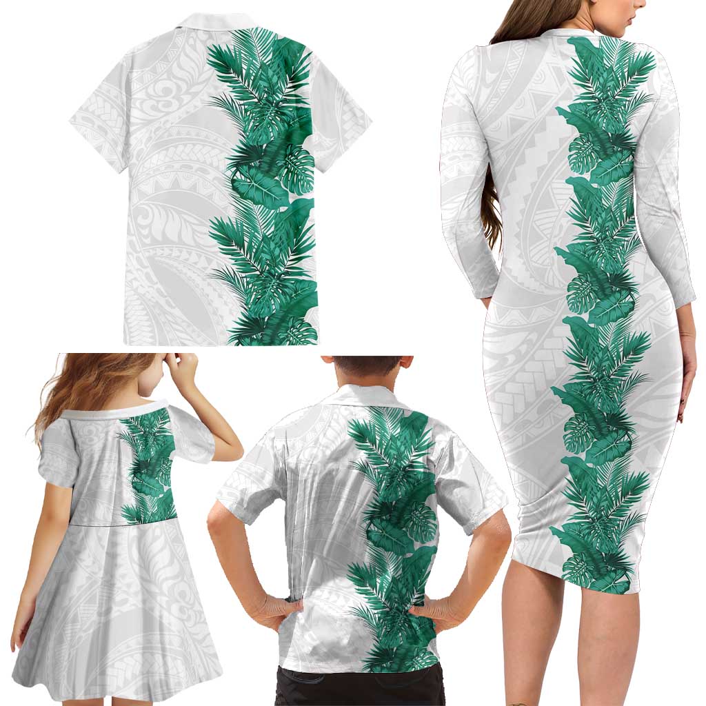 Hawaii Tropical Leaves Family Matching Long Sleeve Bodycon Dress and Hawaiian Shirt Polynesian Pattern
