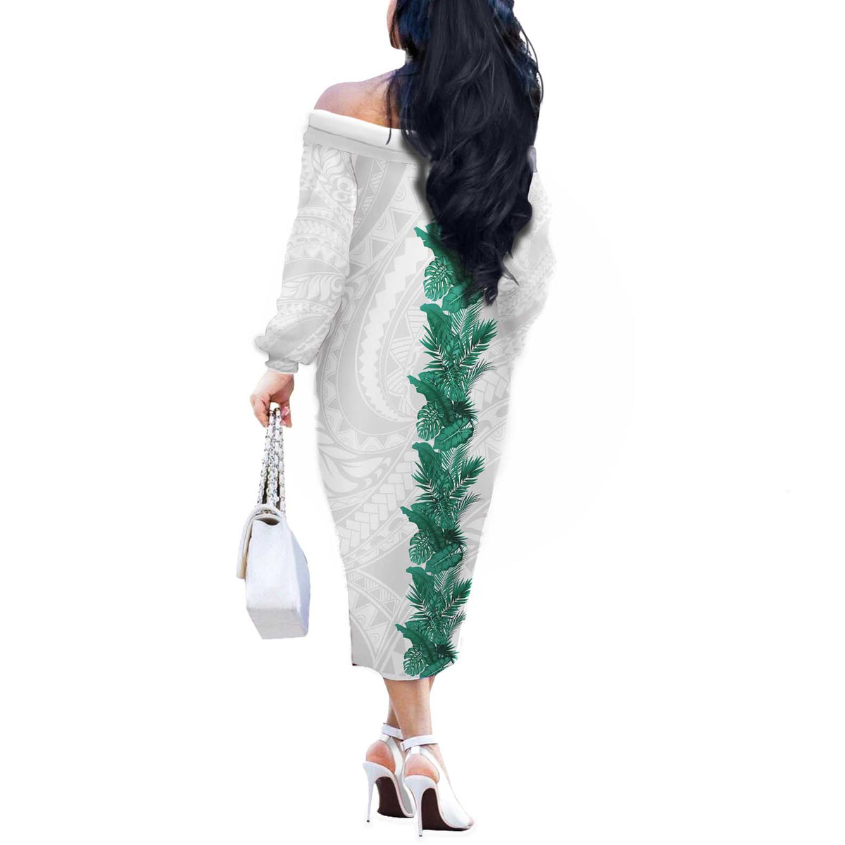Hawaii Tropical Leaves Off The Shoulder Long Sleeve Dress Polynesian Pattern