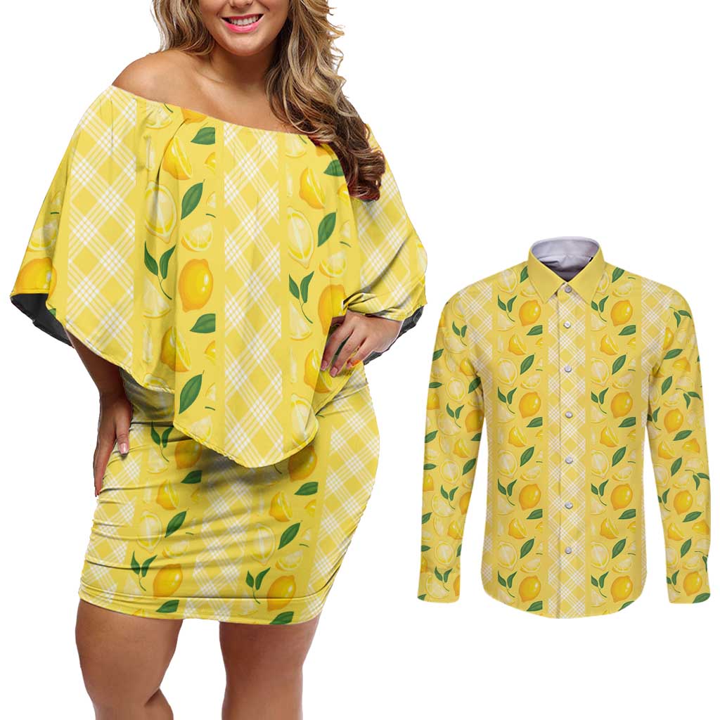 Hawaii Lemon Palaka Couples Matching Off Shoulder Short Dress and Long Sleeve Button Shirt Striped Stylized