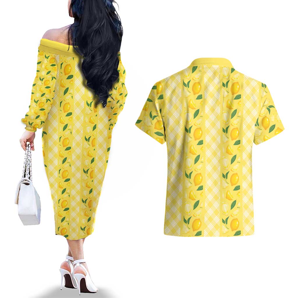 Hawaii Lemon Palaka Couples Matching Off The Shoulder Long Sleeve Dress and Hawaiian Shirt Striped Stylized