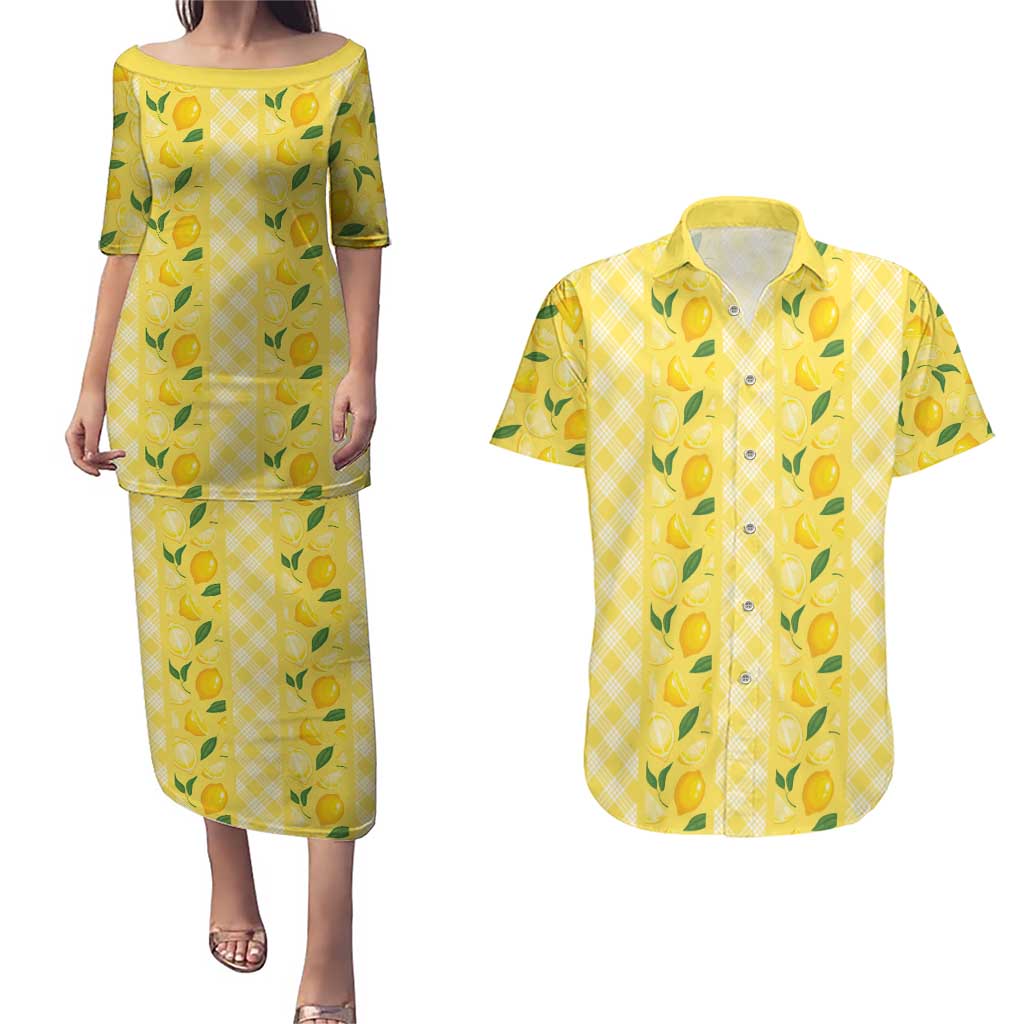 Hawaii Lemon Palaka Couples Matching Puletasi and Hawaiian Shirt Striped Stylized