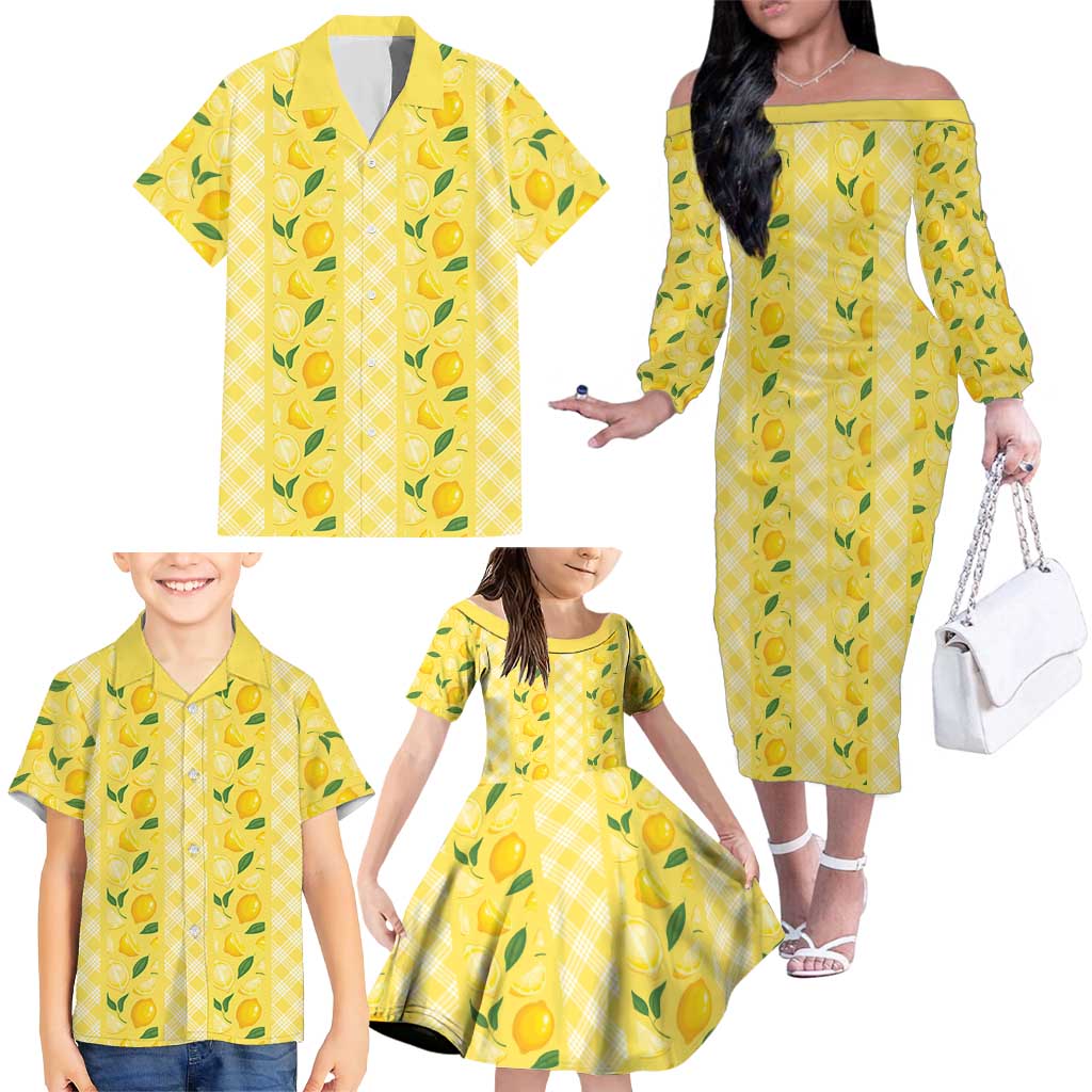 Hawaii Lemon Palaka Family Matching Off The Shoulder Long Sleeve Dress and Hawaiian Shirt Striped Stylized LT01 - Polynesian Pride