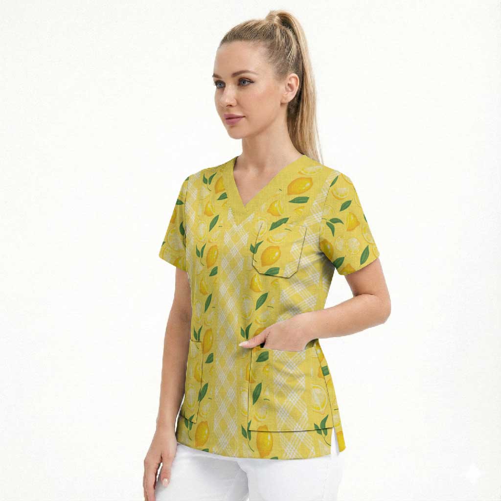 Hawaii Lemon Palaka Scrub Top Striped Stylized