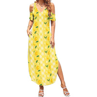 Hawaii Lemon Palaka Summer Maxi Dress Striped Stylized
