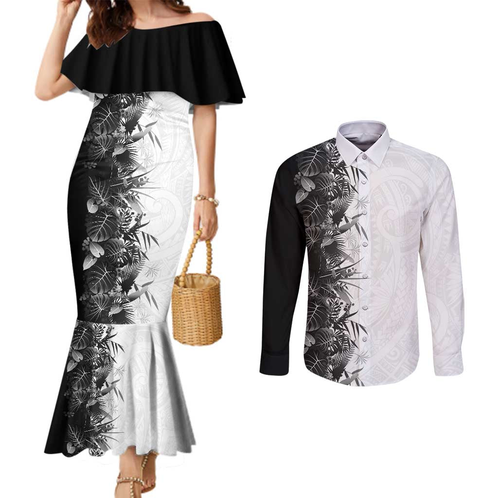 Hawaii Tropical Plant Monochrome Couples Matching Mermaid Dress and Long Sleeve Button Shirt Vibrant Polynesian Pattern