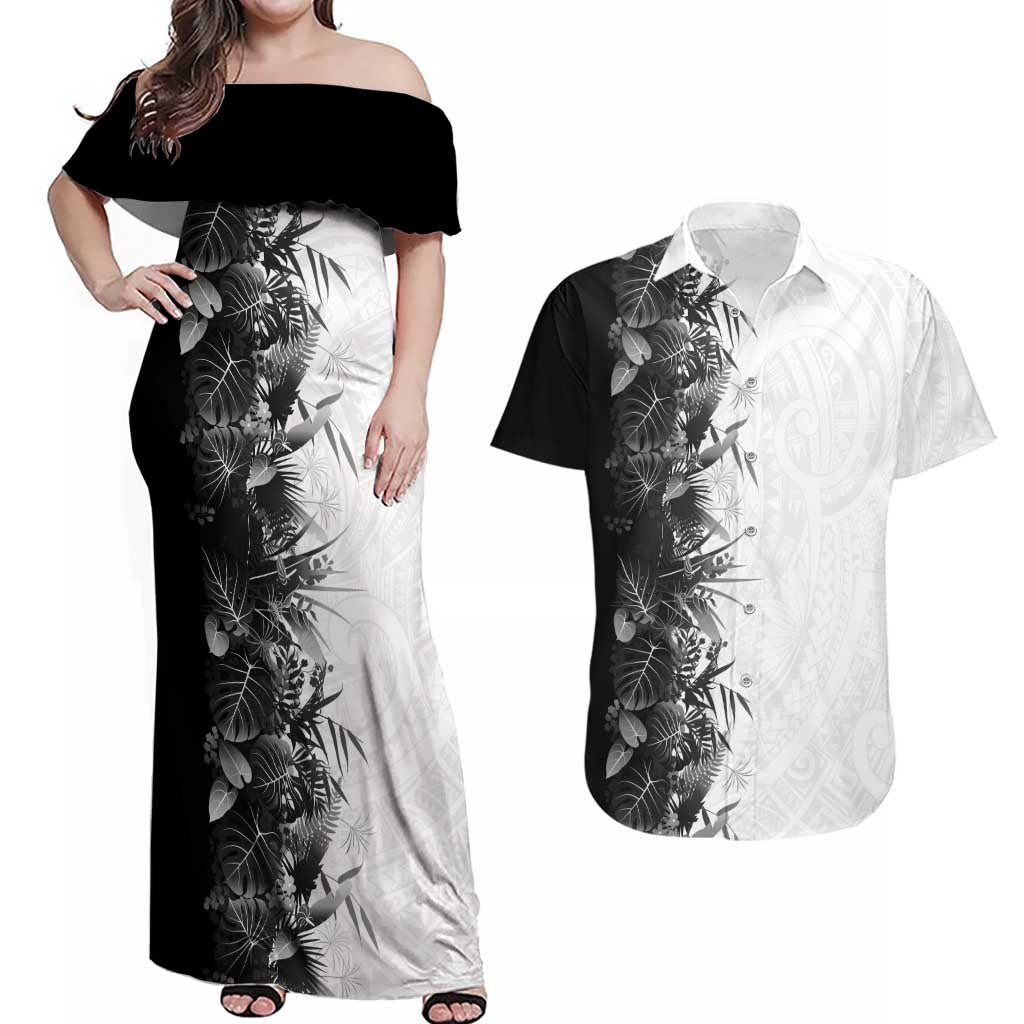 Hawaii Tropical Plant Monochrome Couples Matching Off Shoulder Maxi Dress and Hawaiian Shirt Vibrant Polynesian Pattern