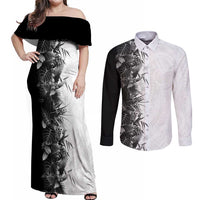 Hawaii Tropical Plant Monochrome Couples Matching Off Shoulder Maxi Dress and Long Sleeve Button Shirt Vibrant Polynesian Pattern