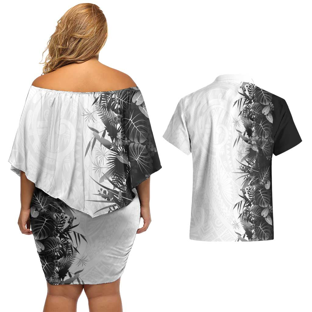 Hawaii Tropical Plant Monochrome Couples Matching Off Shoulder Short Dress and Hawaiian Shirt Vibrant Polynesian Pattern