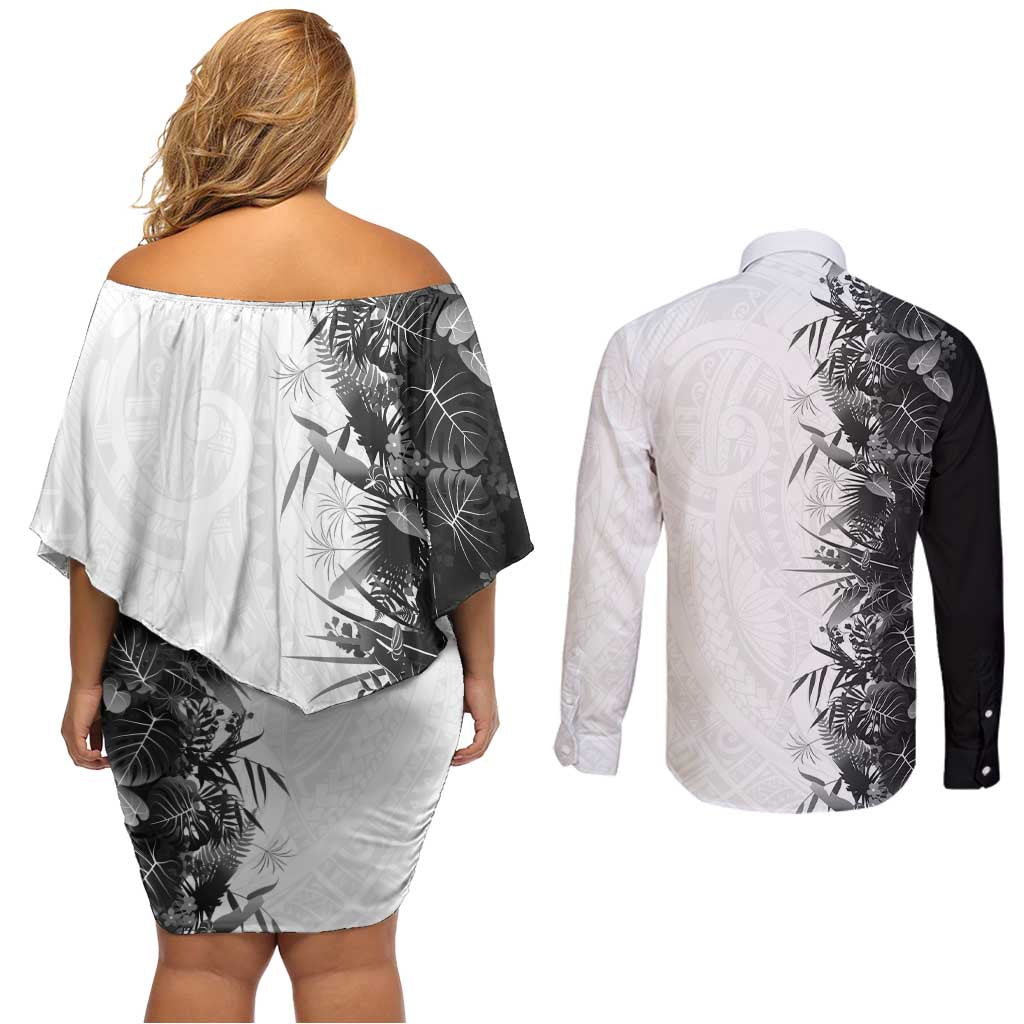 Hawaii Tropical Plant Monochrome Couples Matching Off Shoulder Short Dress and Long Sleeve Button Shirt Vibrant Polynesian Pattern