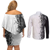 Hawaii Tropical Plant Monochrome Couples Matching Off Shoulder Short Dress and Long Sleeve Button Shirt Vibrant Polynesian Pattern