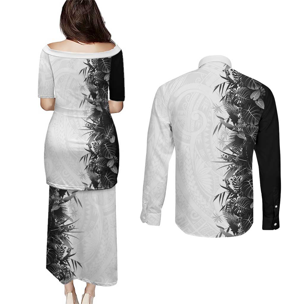 Hawaii Tropical Plant Monochrome Couples Matching Puletasi and Long Sleeve Button Shirt Vibrant Polynesian Pattern