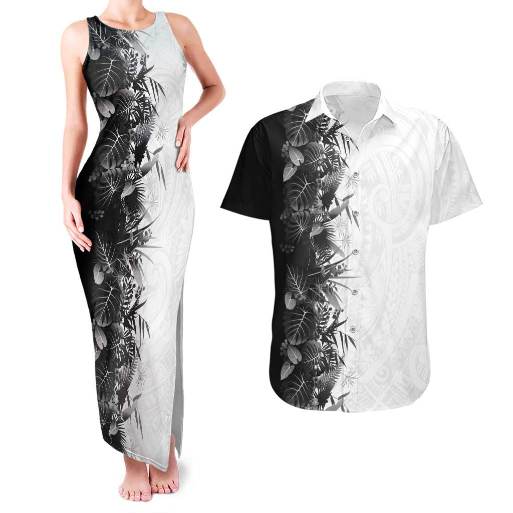 Hawaii Tropical Plant Monochrome Couples Matching Tank Maxi Dress and Hawaiian Shirt Vibrant Polynesian Pattern