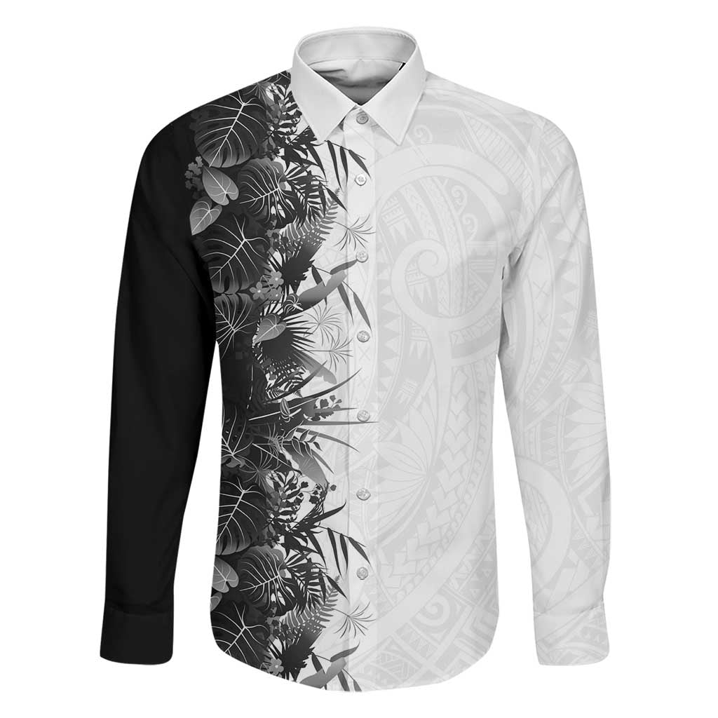 Hawaii Tropical Plant Monochrome Family Matching Mermaid Dress and Hawaiian Shirt Vibrant Polynesian Pattern LT01 Dad's Shirt - Long Sleeve Black - Polynesian Pride
