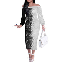 Hawaii Tropical Plant Monochrome Family Matching Off The Shoulder Long Sleeve Dress and Hawaiian Shirt Vibrant Polynesian Pattern LT01 Mom's Dress Black - Polynesian Pride