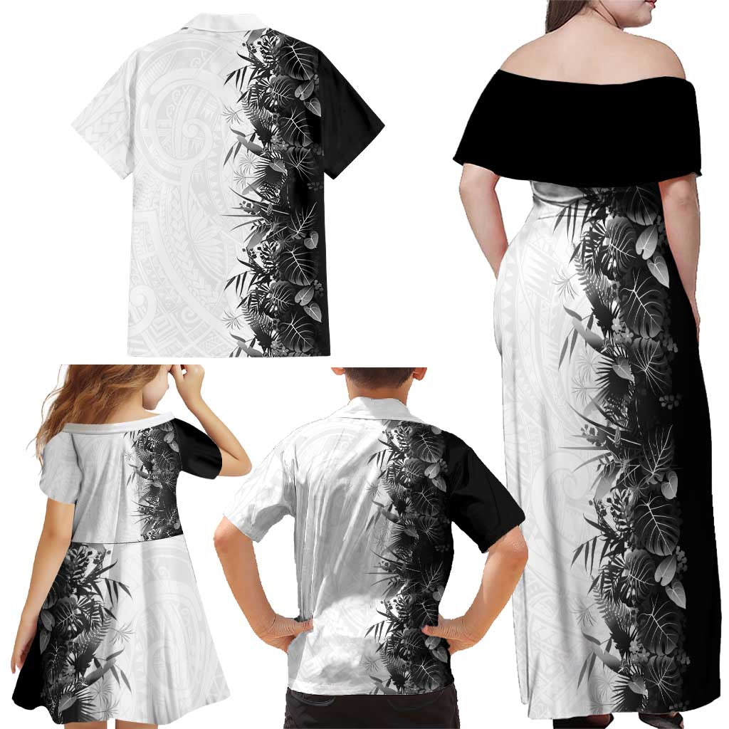 Hawaii Tropical Plant Monochrome Family Matching Off Shoulder Maxi Dress and Hawaiian Shirt Vibrant Polynesian Pattern