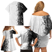 Hawaii Tropical Plant Monochrome Family Matching Off Shoulder Short Dress and Hawaiian Shirt Vibrant Polynesian Pattern