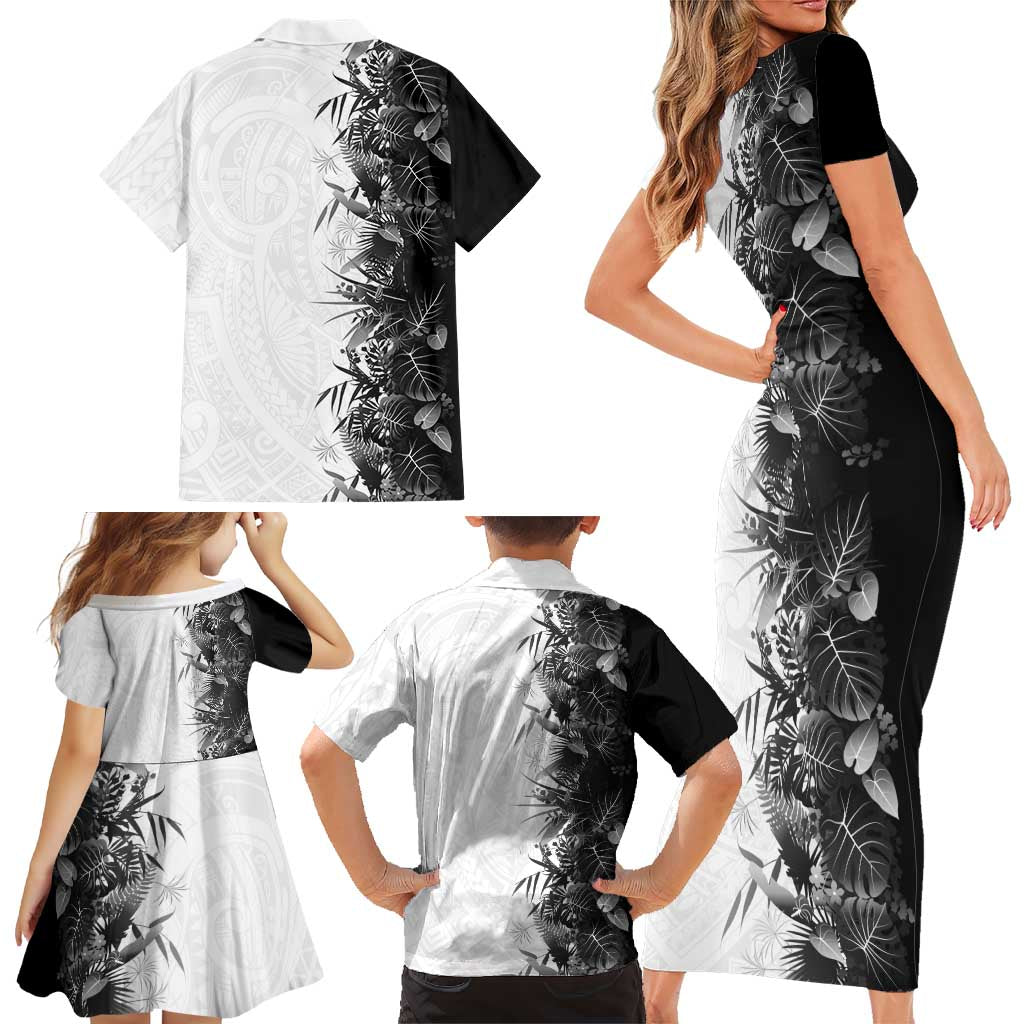 Hawaii Tropical Plant Monochrome Family Matching Short Sleeve Bodycon Dress and Hawaiian Shirt Vibrant Polynesian Pattern